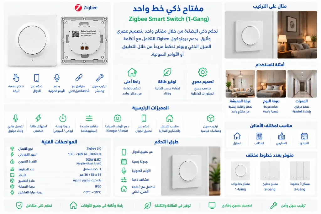 Smart Zigbee 1-Gang Light Switch - White 7×7