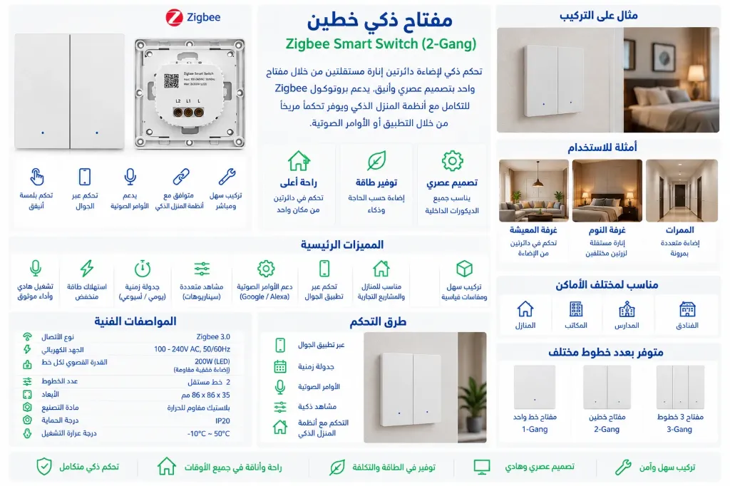 مفتاح إنارة ذكي 2  زر زبجبي - أبيض 7×7