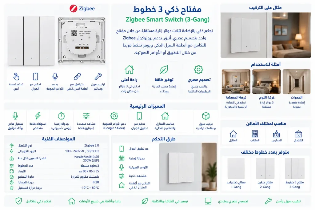 مفتاح إنارة ذكي 3  أزرار زبجبي - أبيض 7×7