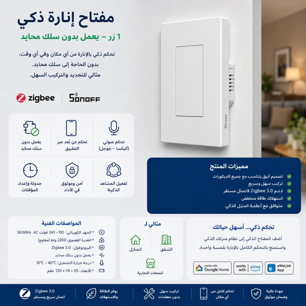 Smart Zigbee 1-Gang Light Switch - White 12×7