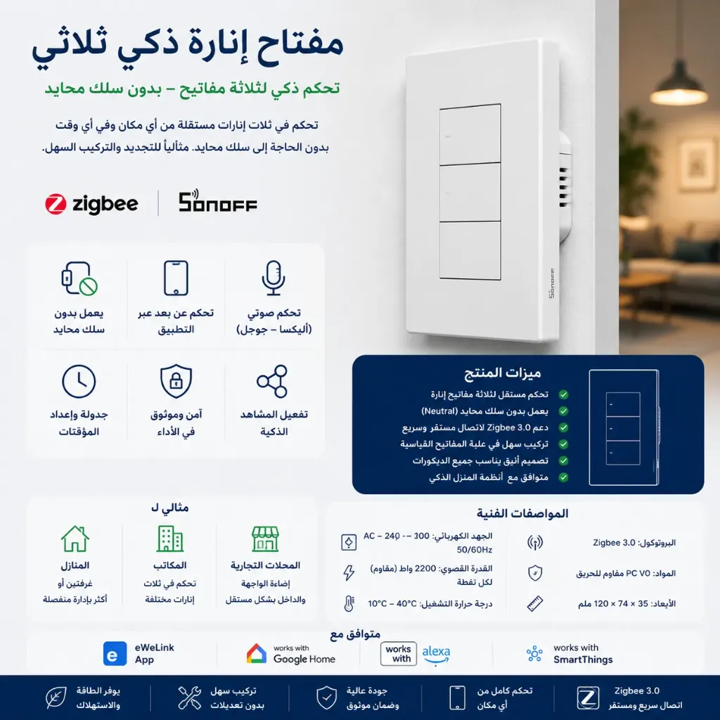 Smart Zigbee 3-Gang Light Switch - White 12×7